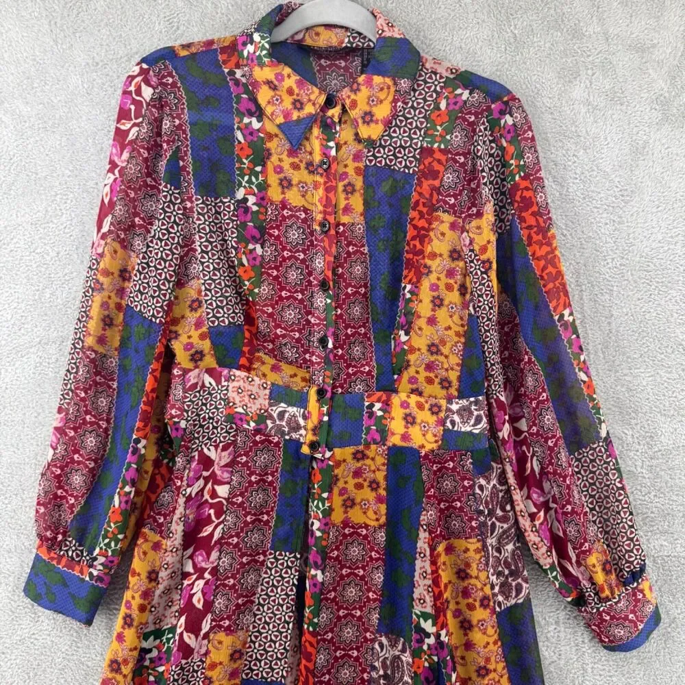 GILI Top Womens XXS Red Blue Patchwork Boho Sheer Button Up Midi Length Slit - Picture 3 of 16